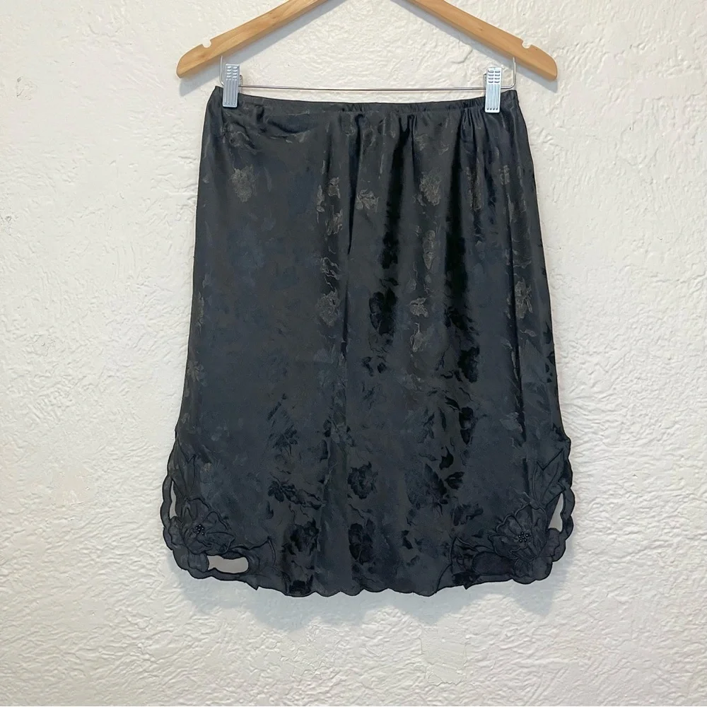 Vintage Half Slip Skirt Black Satin Floral Embroidered Beaded Goth Whimsigoth S
